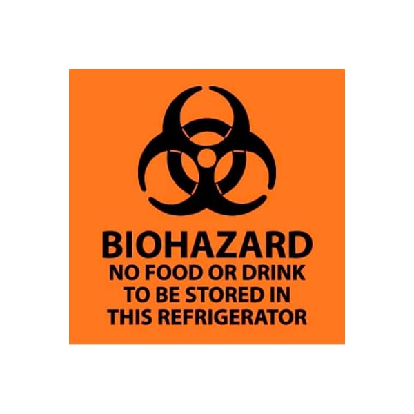 Warning Sign, Biohazard No Food Or Drink To Be Stored In This Refrigerator, 7in X 7in, Orange/Black
